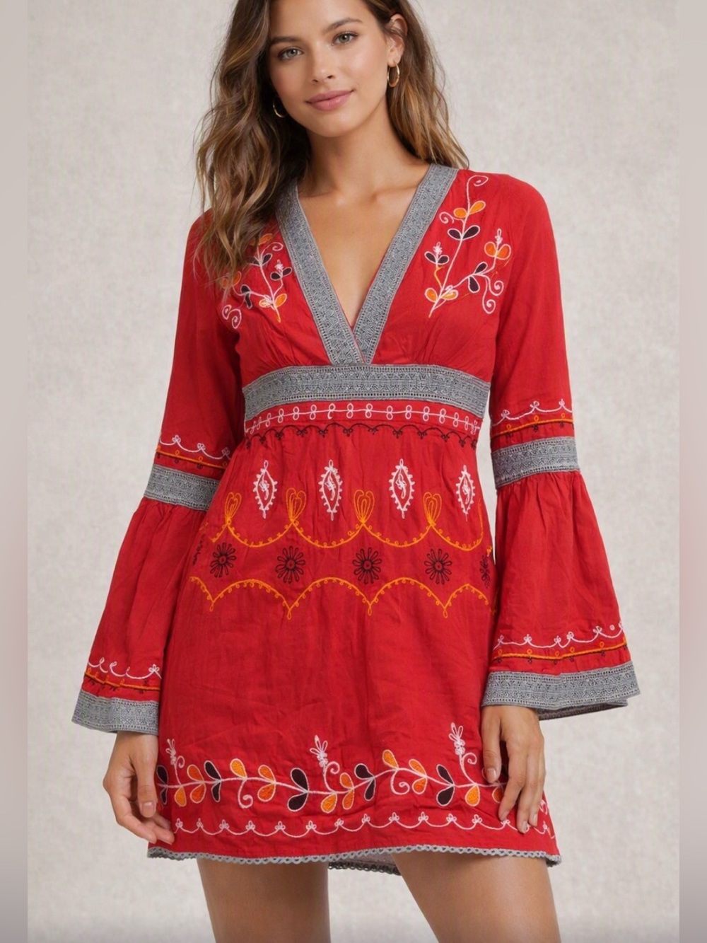 Debbie Katz South Beach Embroidered Boho Mini Dress Cover Up Red Size S⁠